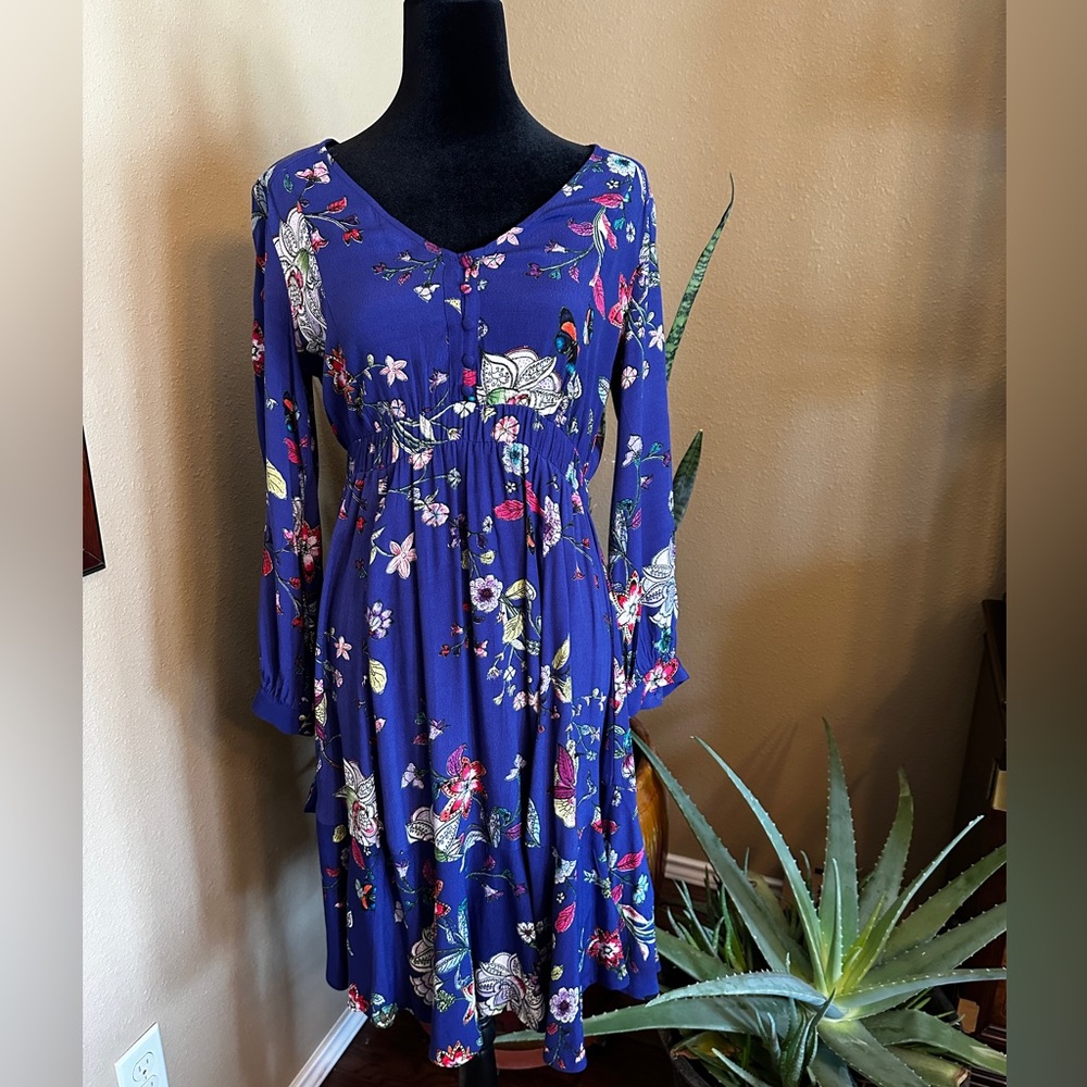 MAEVE Anthropologie Royal Blue Boho Floral V-neck Midi Dress Size S-Worn ONCE
